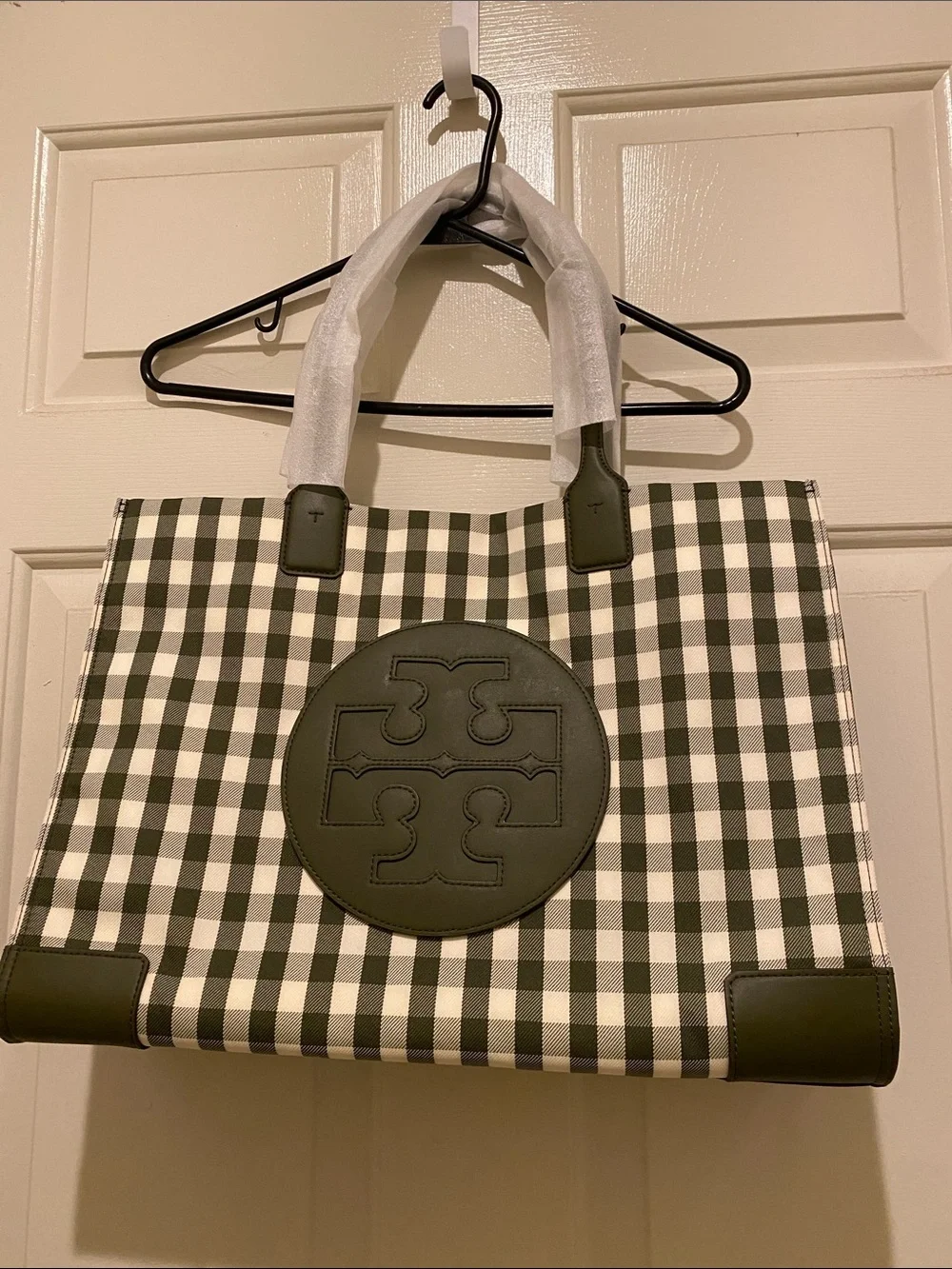 Tory Burch Olive and White Gingham Tote with Logo Medallion